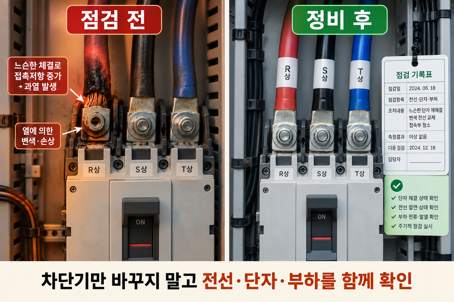 느슨한 단자의 과열 흔적과 전문 정비 후 정리된 접속부 비교