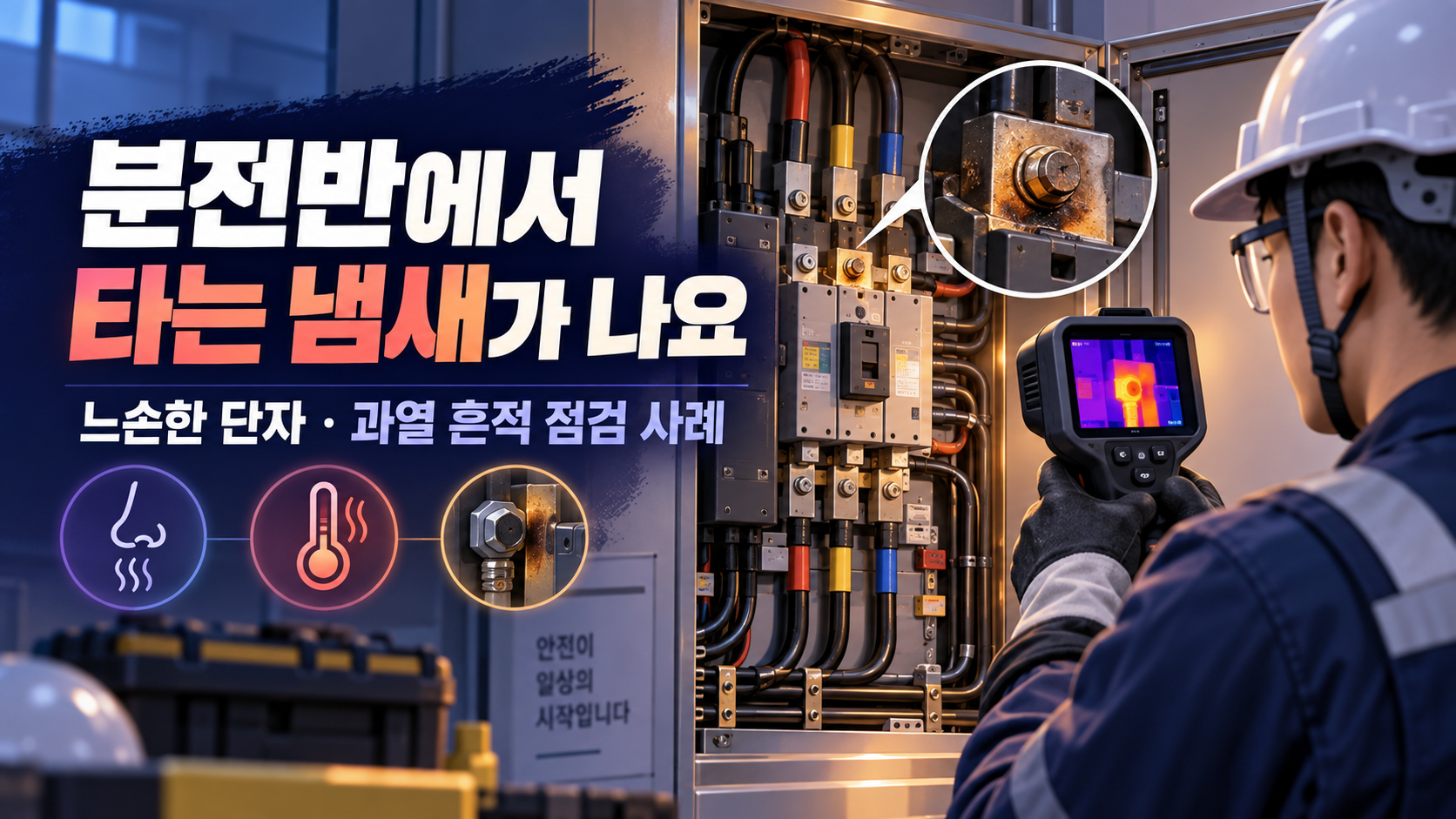분전반 단자 과열 부위를 열화상 카메라로 확인하는 전문 점검 장면