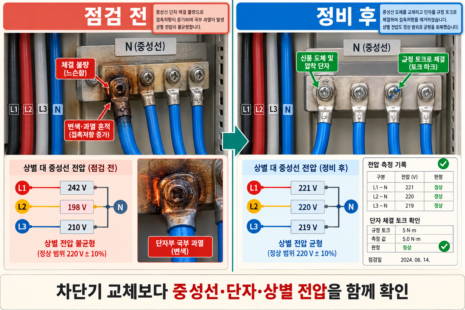 느슨하고 과열된 중성선 단자와 전문 정비 후 균형을 회복한 접속부 비교