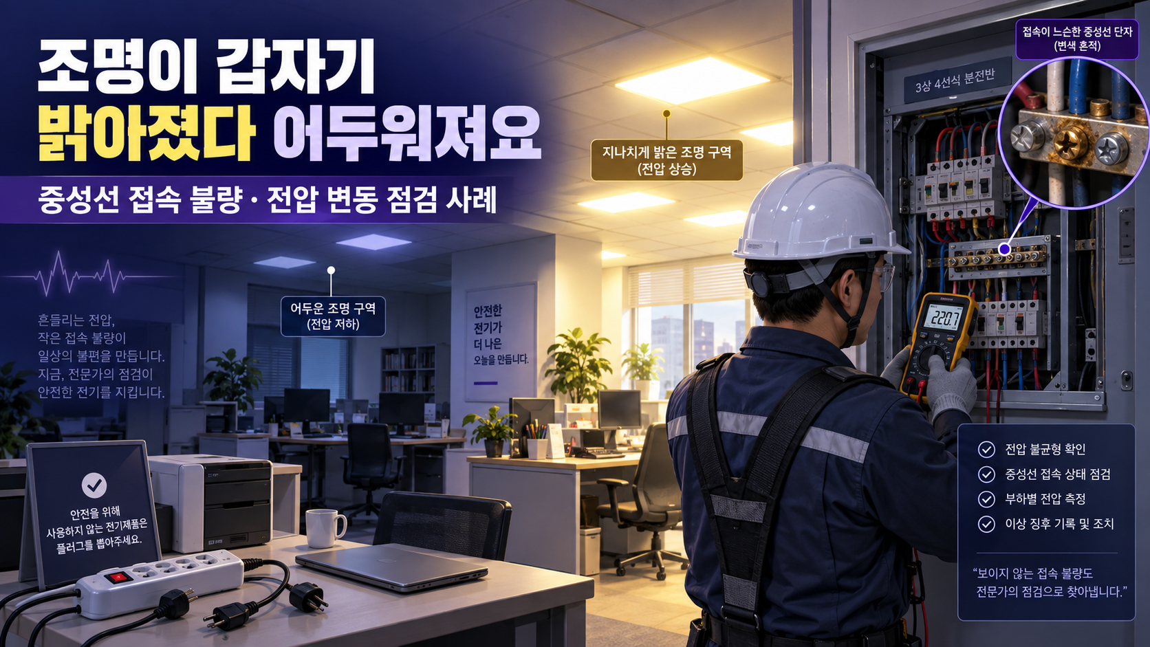 밝기가 다른 두 조명 구역과 변색된 중성선 접속부를 측정하는 전문 점검 장면