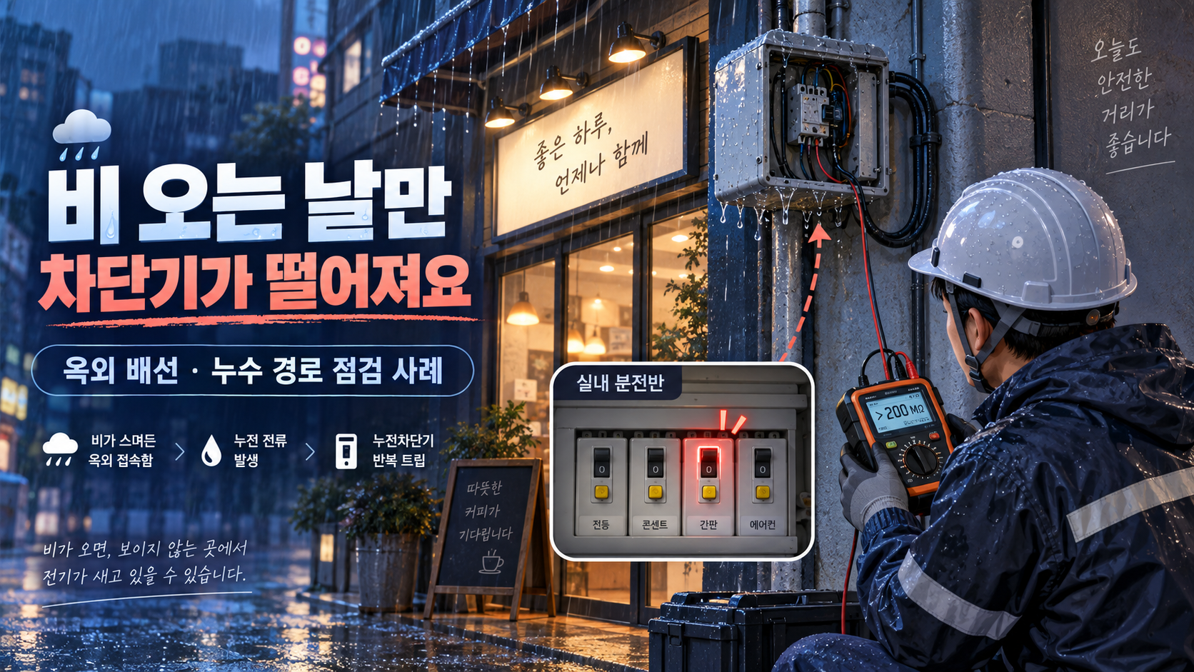 빗물이 스며든 옥외 간판 접속함과 실내 누전차단기 동작을 연결해 보여주는 점검 일러스트