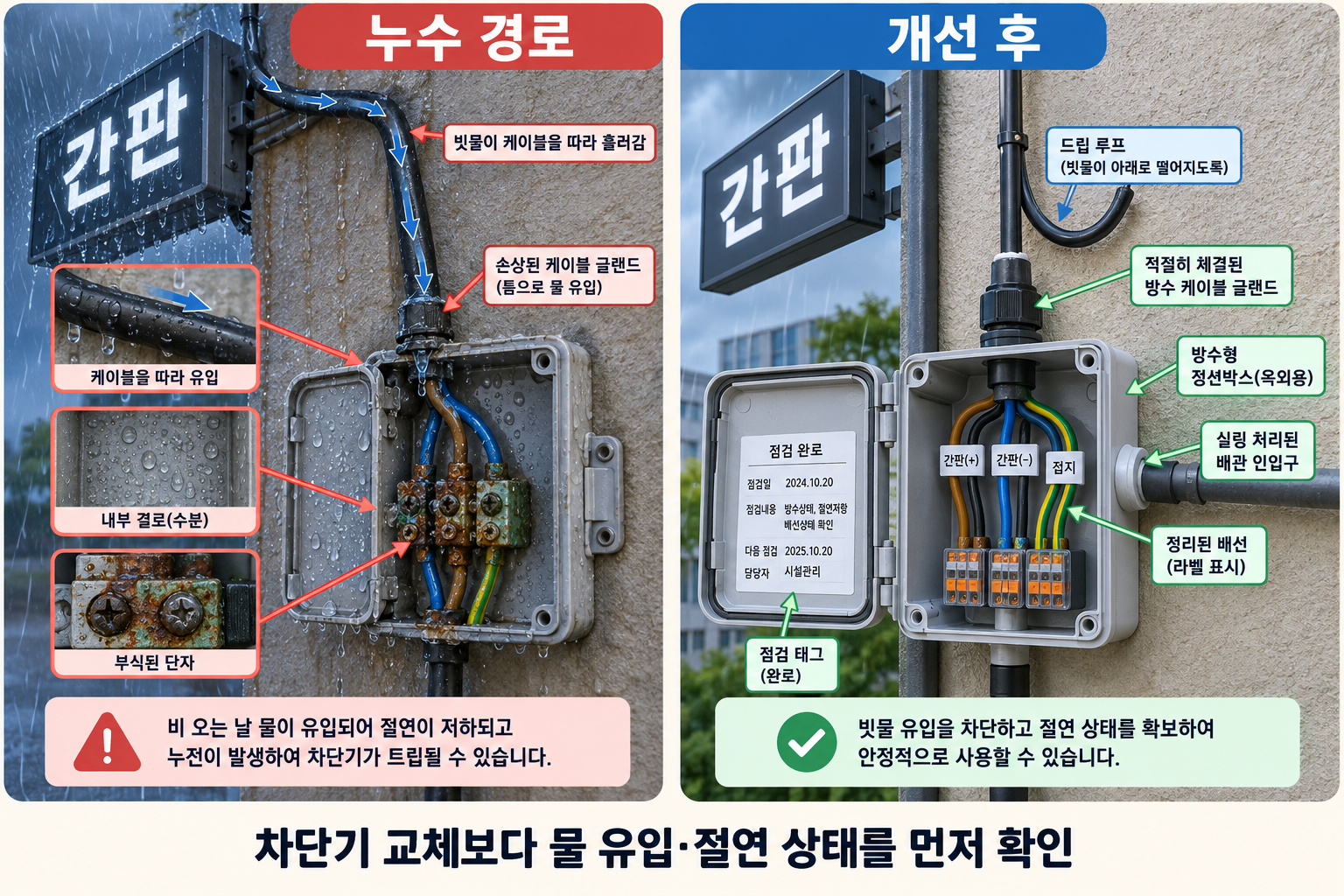 케이블을 따라 접속함으로 유입되는 빗물 경로와 방수 개선 후 상태 비교