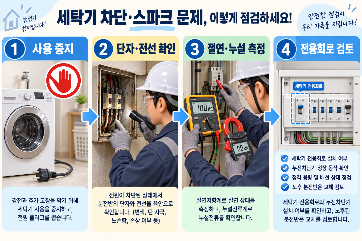 세탁기 회로 이상 시 사용 중지부터 전용회로 검토까지 네 단계 점검 순서