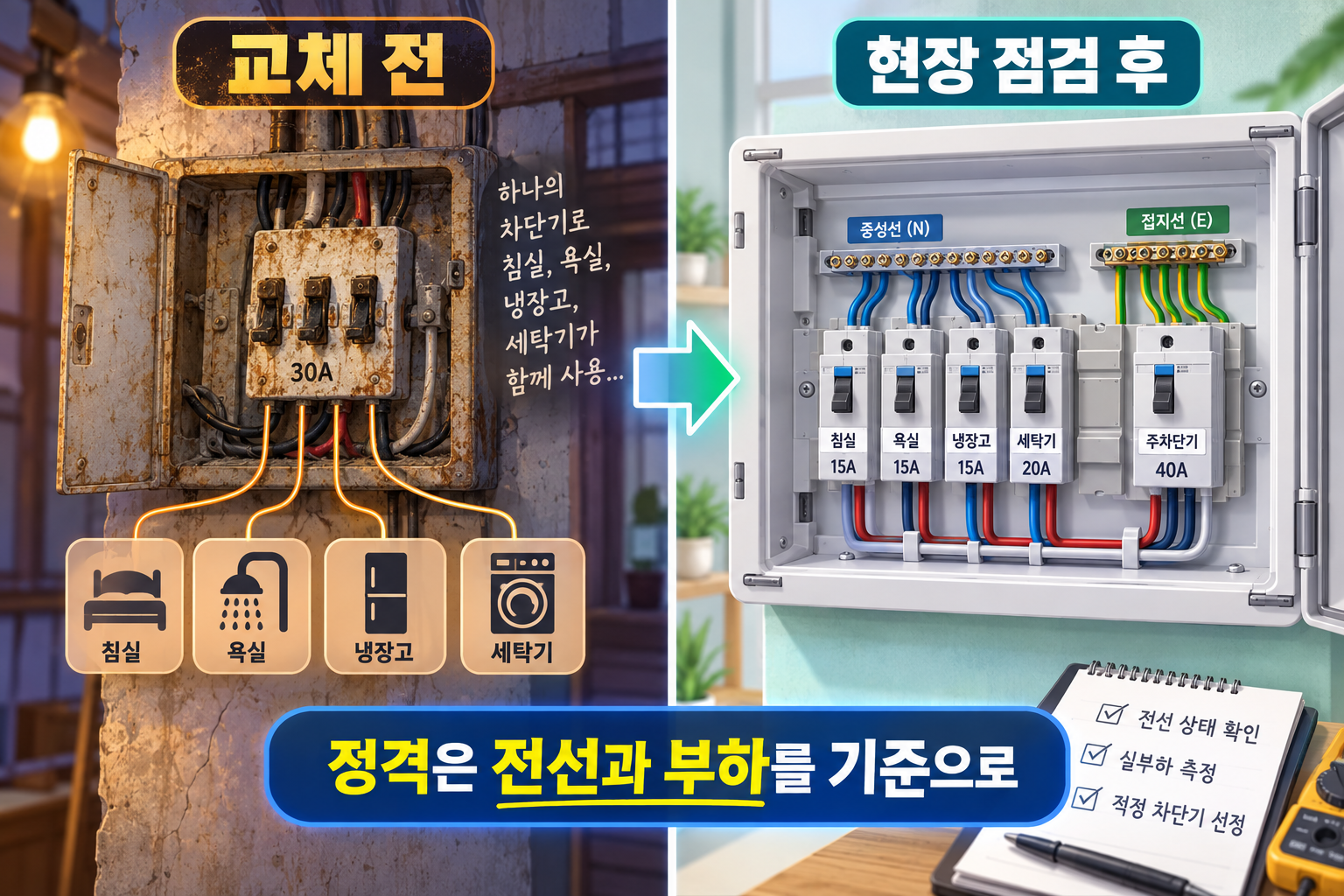 노후 커버나이프 분전반과 점검 후 정리된 현대식 분전반 비교