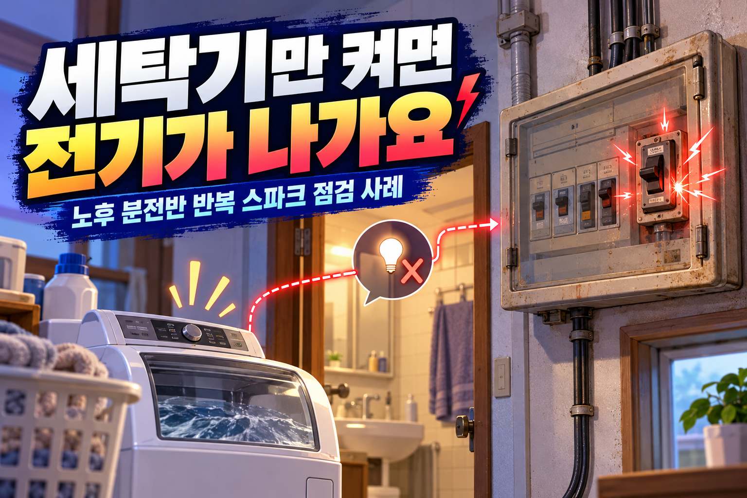 세탁기 가동 시 노후 분전반에서 스파크가 발생하는 상황을 표현한 일러스트