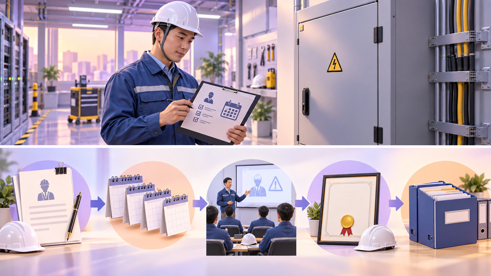 닫힌 분전반 옆에서 선임 문서와 교육 체크리스트를 검토하는 안전관리자