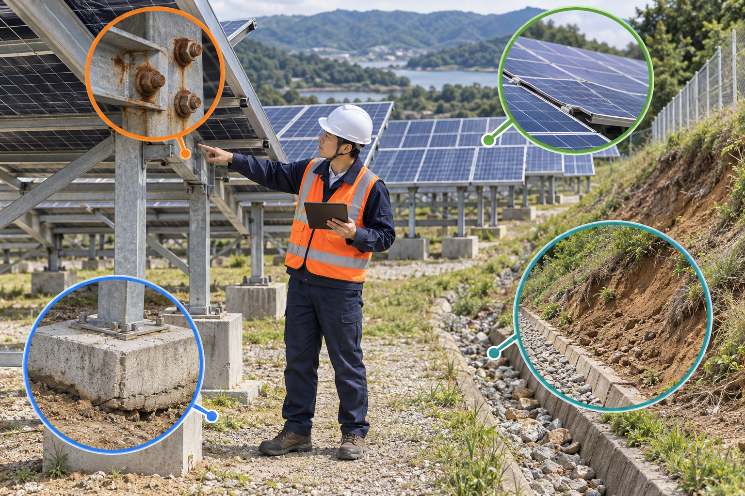 태양광 구조물 볼트 부식과 기초 침하, 패널 변형, 사면 배수 상태를 확인하는 모습